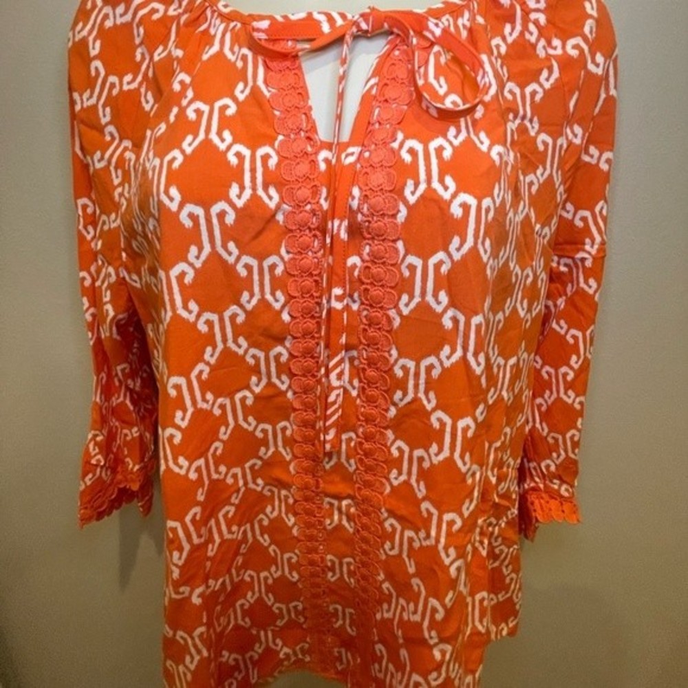 CROWN AND  IVY M  Trellis Orange White  3/4 SLEEVE TUNIC TOP BLOUSE